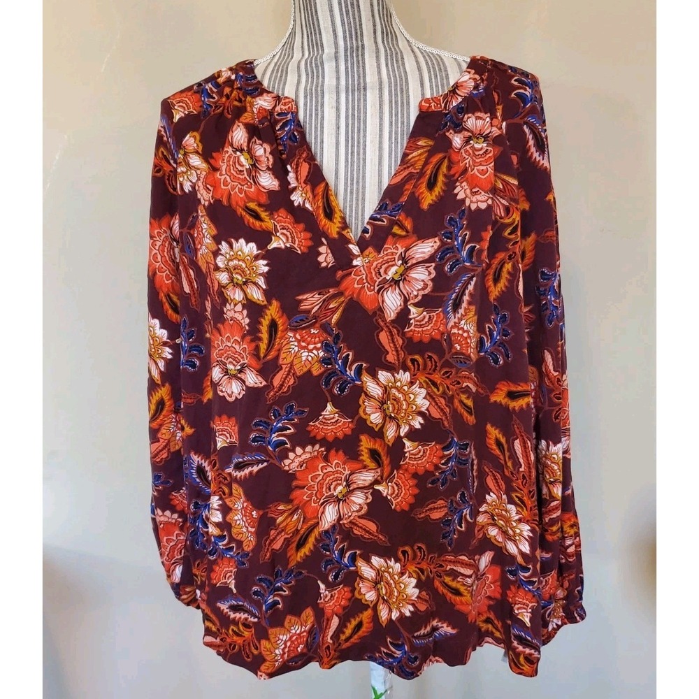 Old Navy Women's XL Maroon Floral V-neck Balloon Sleeve Knit Top Boho Flowy